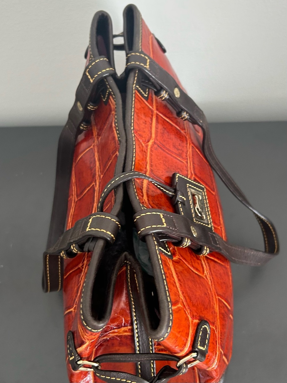Dooney & Bourke Cognac Croc Embossed Leather Large Tote Shoulder Bag - Picture 10 of 15